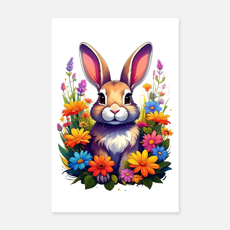 Ein Hase oder Kaninchen zwischen bunten Blumen Poster 20x30 cm