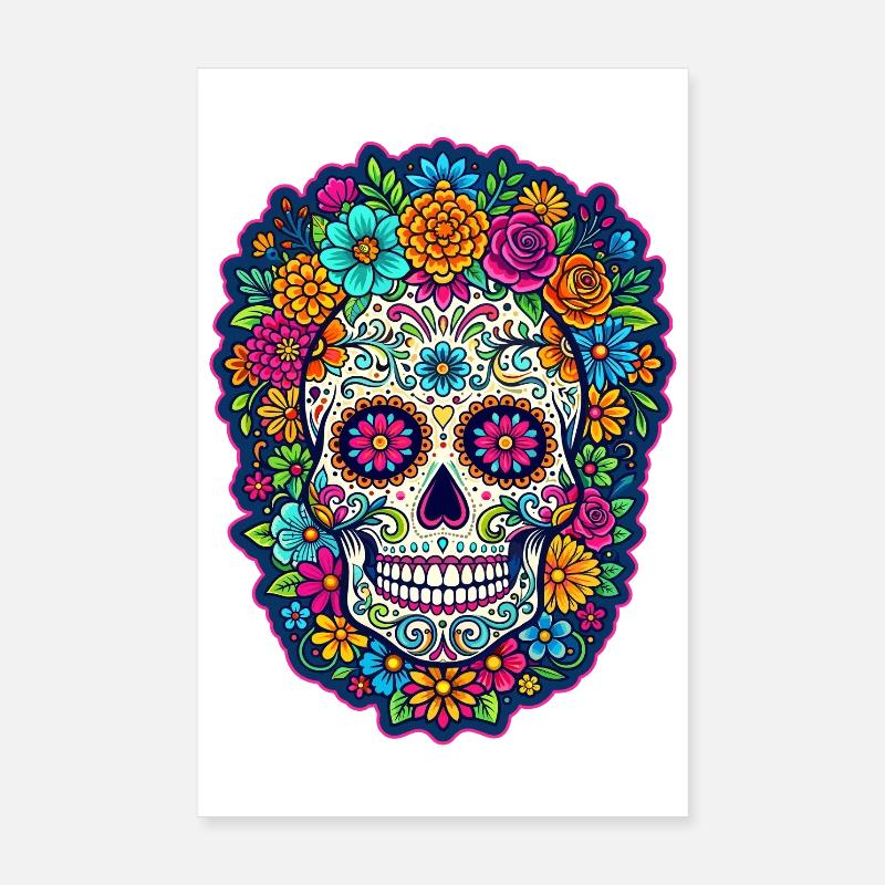 Tête de mort mexicaine sugar skull crâne fleurs Poster 20 x 30 cm