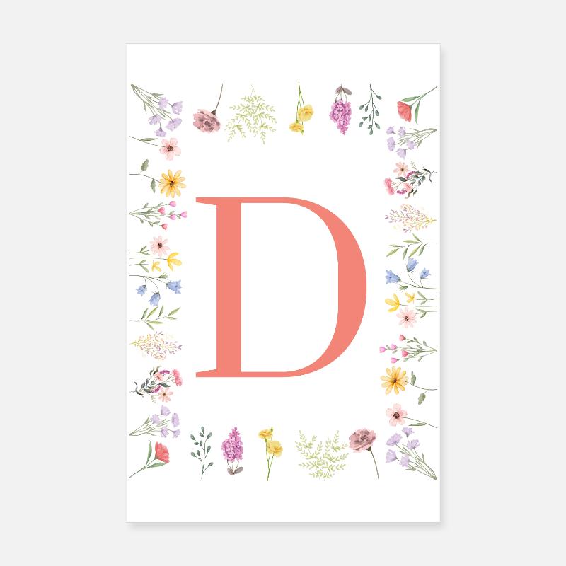 Floral initials "D", letters monogram Poster 8" x 12" (20x30 cm)