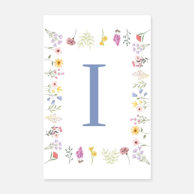 Floral Initial "I" Floral Monogram - Poster 8" x 12" (20x30 cm) - white