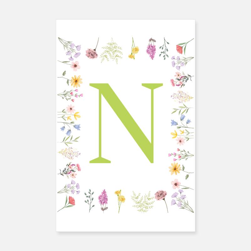 Floral Initials " N ", Letters Monogram Poster 8" x 12" (20x30 cm)