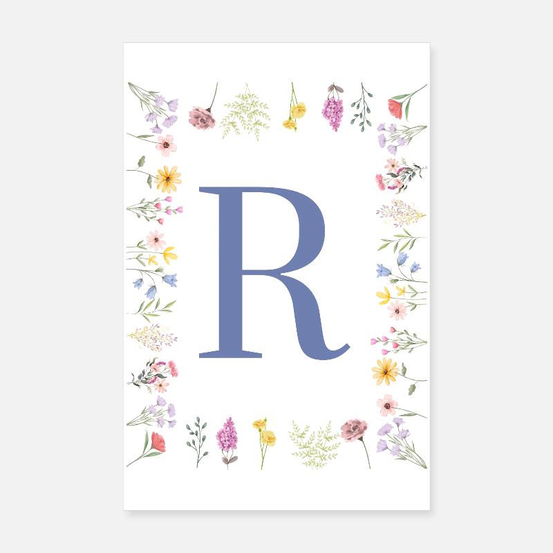 Floral Initials "R", Letters Monogram Poster 8" x 12" (20x30 cm)