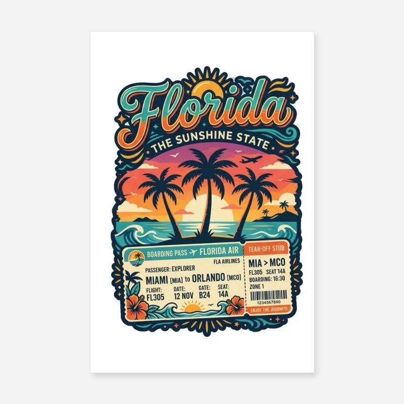 Florida Sunshine State – Boarding Pass Reise-Desig Poster 20x30 cm