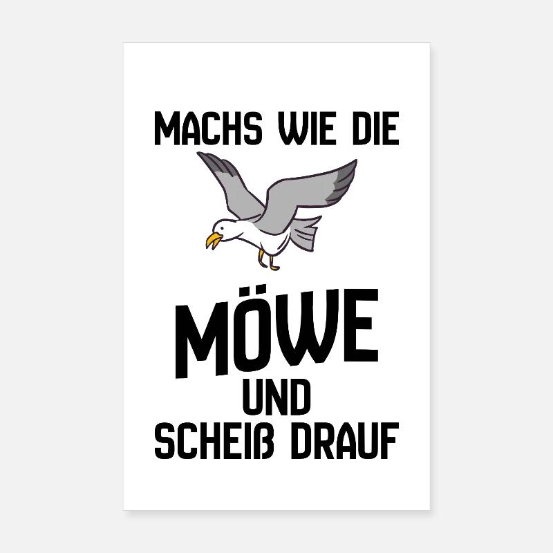 Seemöwe im Flug Cartoon-Design - Scheiß drauf - Poster 20x30 cm - Weiß