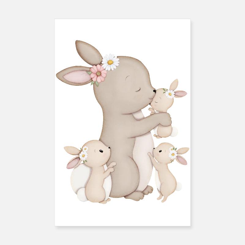 lapins mignons avec des fleurs Poster 20 x 30 cm