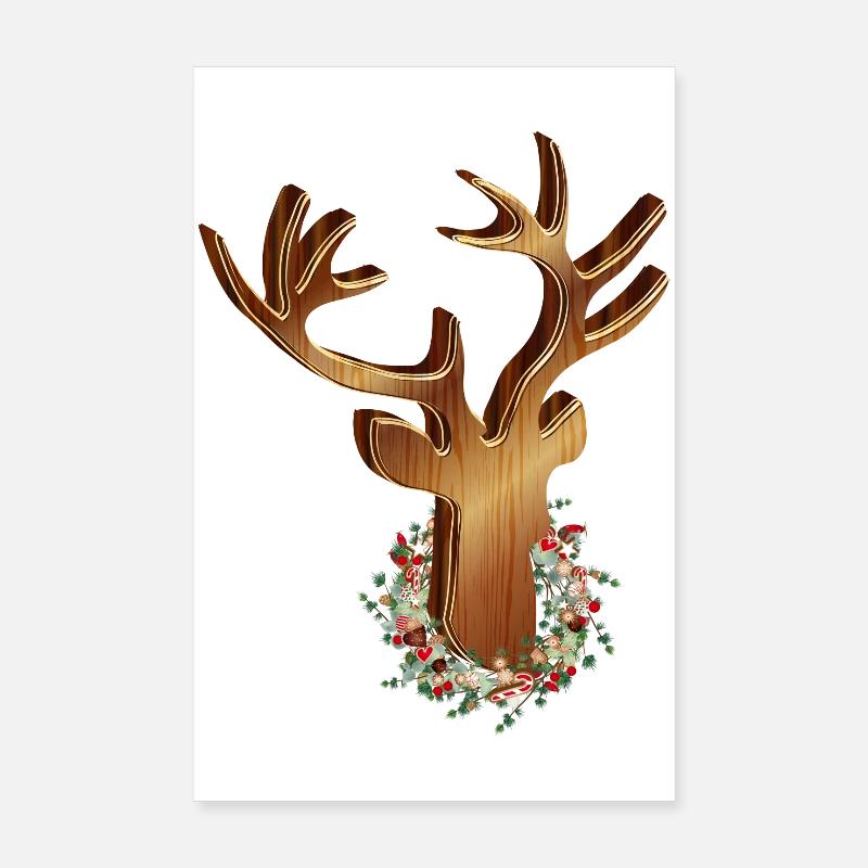 Hirschkopf in Holz Optik mit Weihnachtskranz Poster 20x30 cm