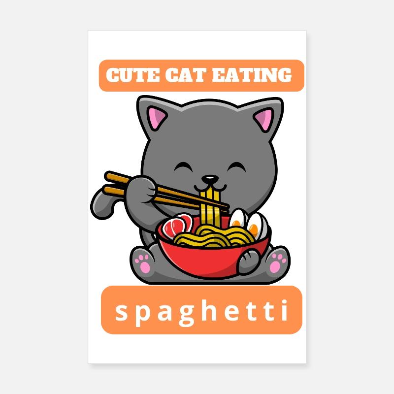 Funny cat eats spaghetti - Poster 8" x 12" (20x30 cm) - white