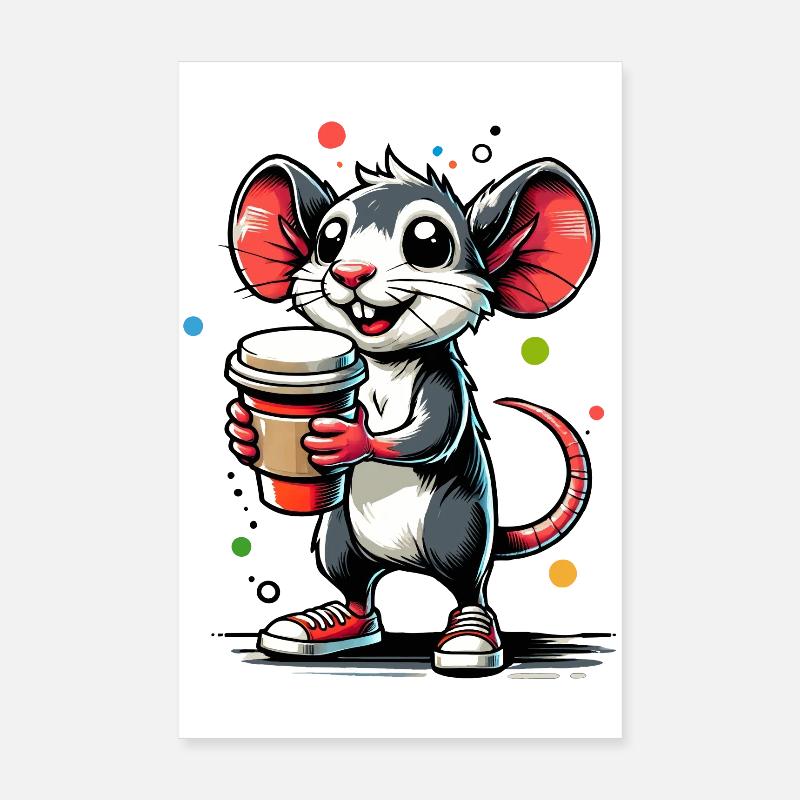 Dessin animé d’une souris joyeuse avec du café Poster 20 x 30 cm