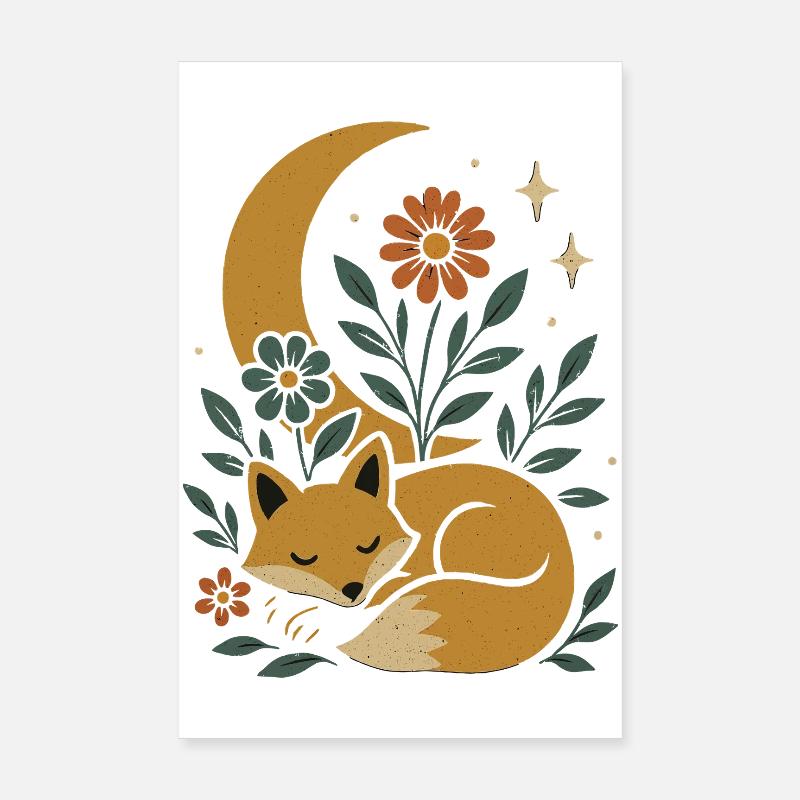 Renard nocturne et conception d’harmonie florale Poster 20 x 30 cm