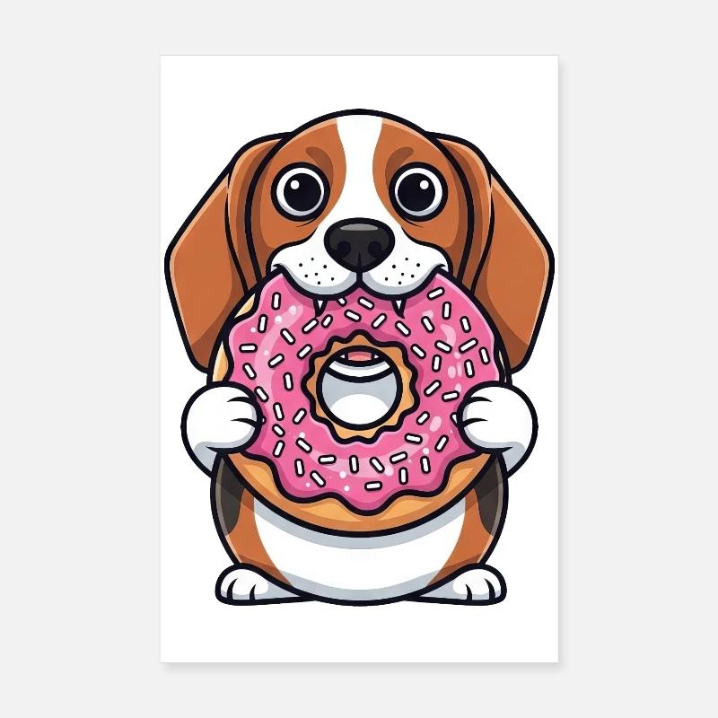 Chien beagle mignon avec dessert de dessin animé de beignet Poster 20 x 30 cm