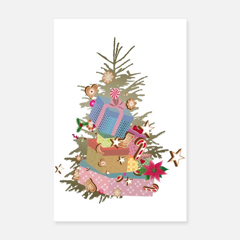 Weihnachtsbaum mit Geschenken und Lebkuchen Poster 20x30 cm