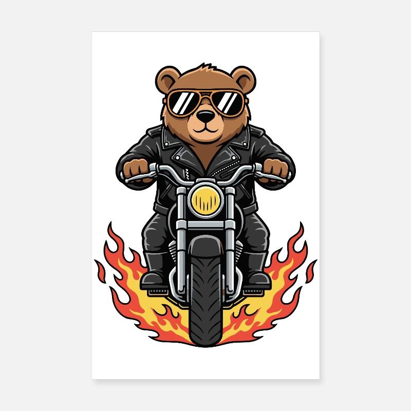 Cool Biker Bear Motorcycle Flames Poster 8" x 12" (20x30 cm)