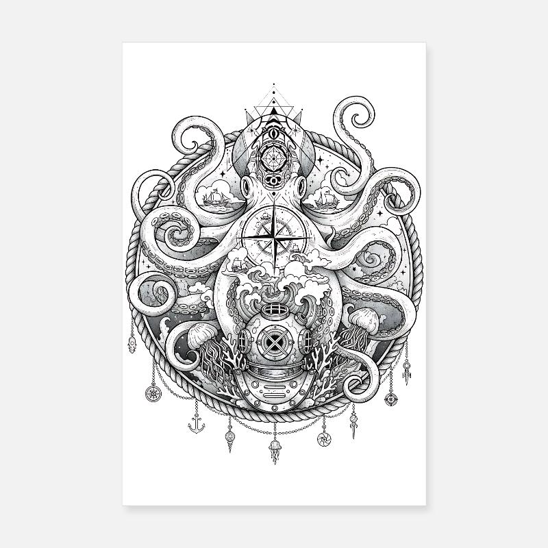 Deep Sea Diverhelm Kraken Poster 8" x 12" (20x30 cm)