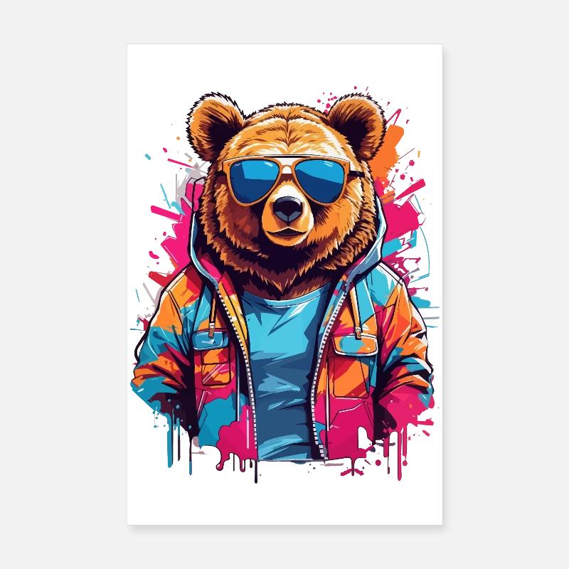 Ours néon dans un sweat à capuche coloré - Poster 20 x 30 cm - blanc