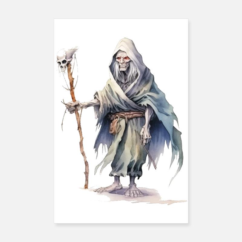 Nécromancien avec cape et bâton de crâne Poster 20 x 30 cm