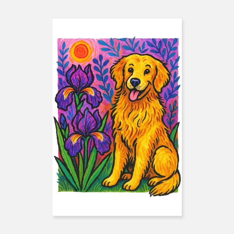 Golden Retriever éclatant dans un jardin fleuri Poster 20 x 30 cm