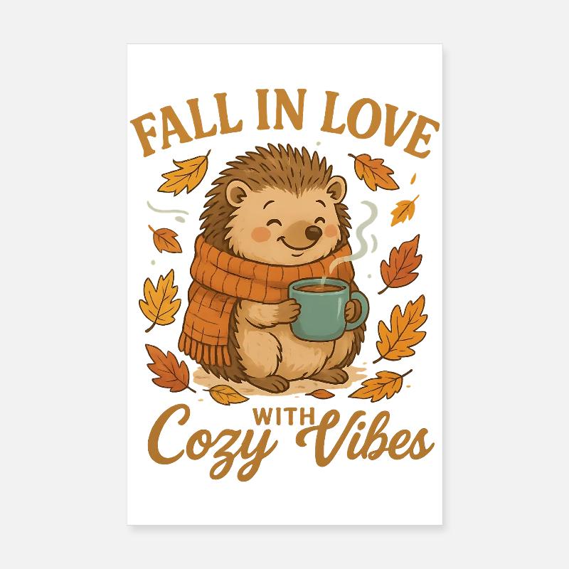 Autumn cuddle with hedgehog and cup Poster 8" x 12" (20x30 cm)