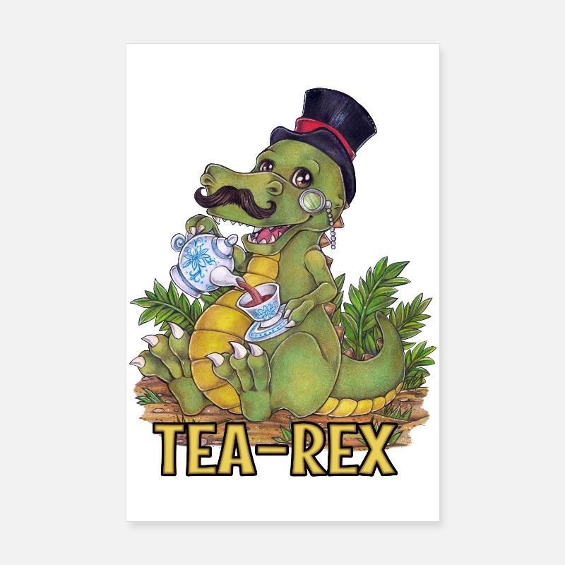 Funny Tea Rex Pun Hand Drawn Dino Poster 8" x 12" (20x30 cm)