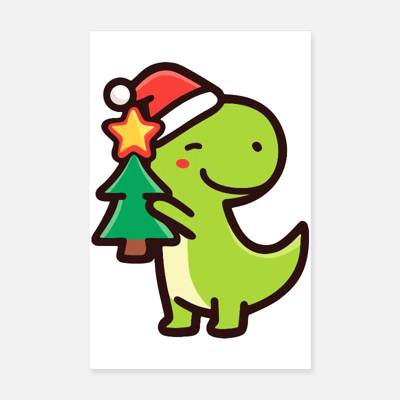Kawaii Dino T-Rex avec sapin de Noël Poster 20 x 30 cm