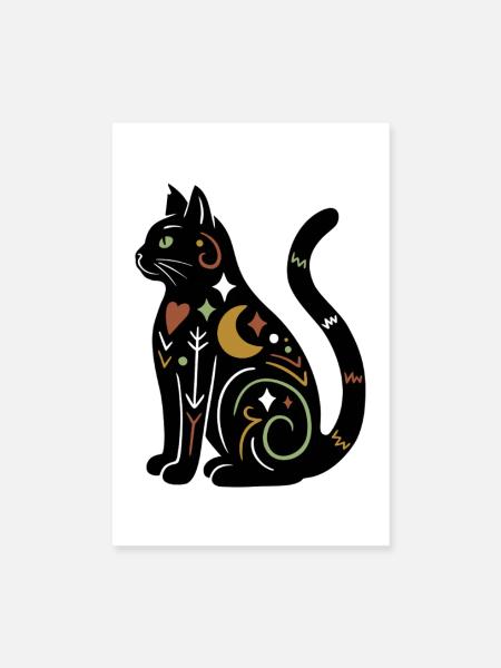 Magische Katze - Schwarz Bunt - Poster 20x30 cm - Weiß - Vorne