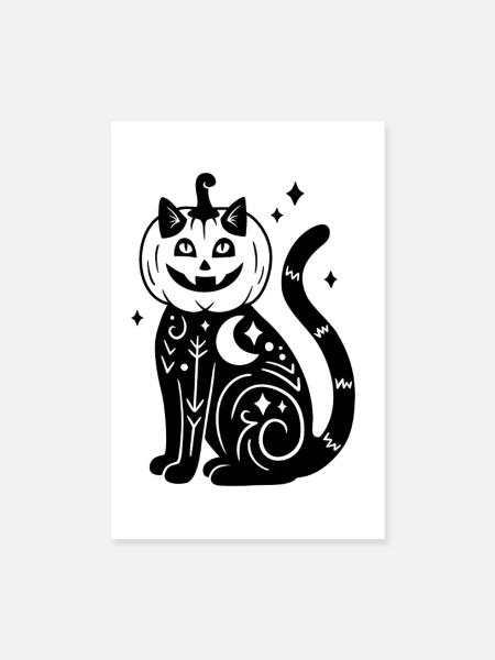 Halloween Katze Kürbiskostüm - SW mit Sternen - Poster 20x30 cm - Weiß - Vorne