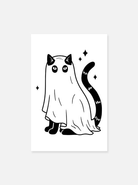 Halloween Katze Gespenst - Schwarz mit Sternen - Poster 20x30 cm - Weiß - Vorne