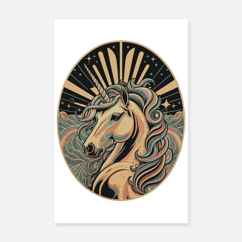 Licorne dans un cadre ovale Art déco Poster 20 x 30 cm