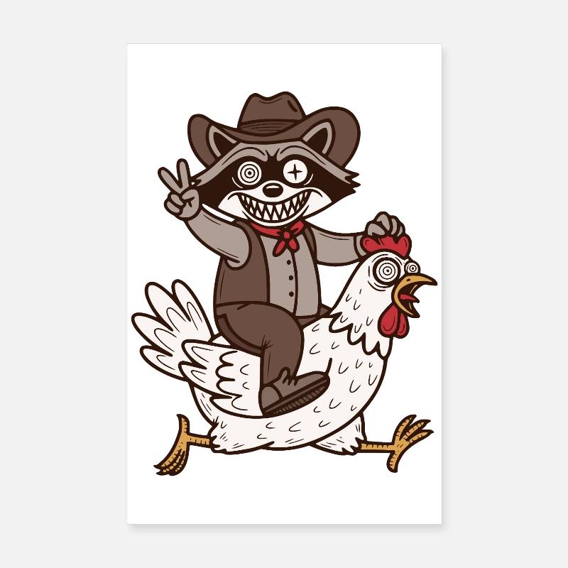 Crazy raccoon rides on crazy chicken Poster 8" x 12" (20x30 cm)