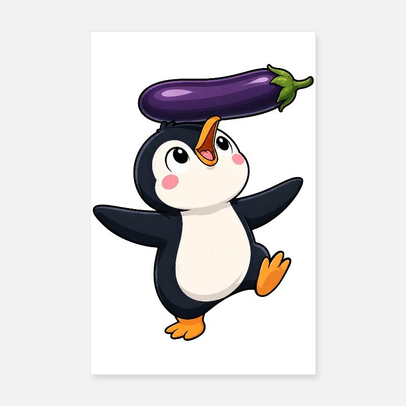 Cute Penguin Dancing Balancing Vegetables Vegan Poster 8" x 12" (20x30 cm)