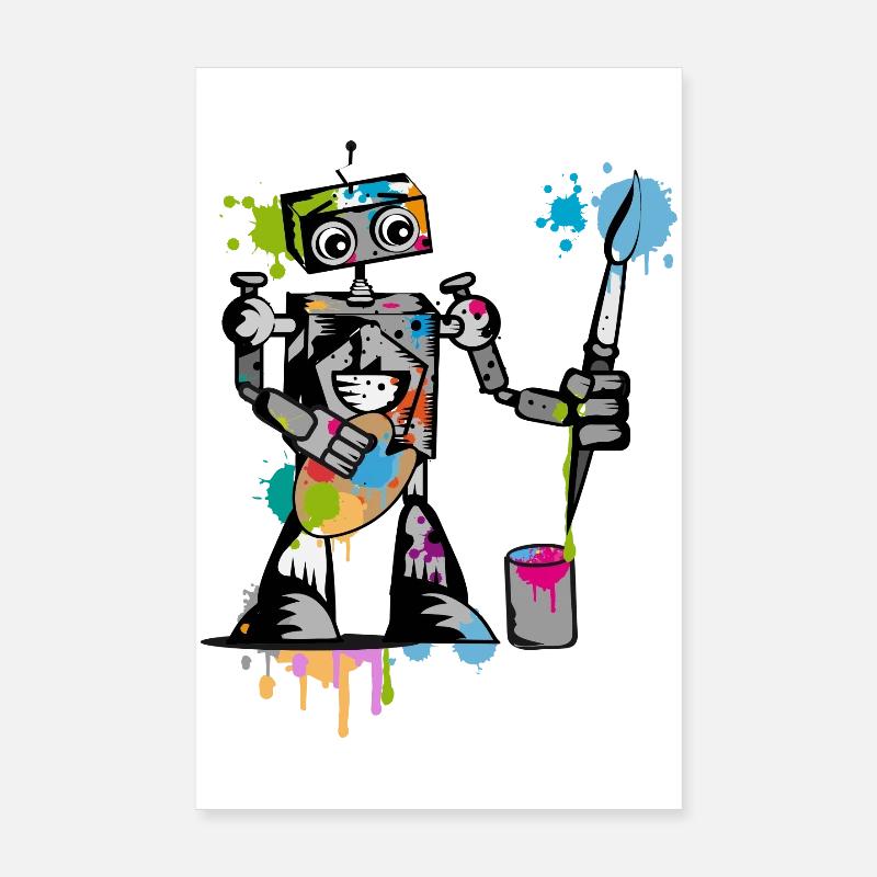 Roboter mit einem Pinsel - Poster 20x30 cm - Weiß