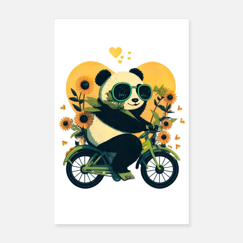 Panda auf Motorrad mit Sonnenblumen - Poster 20x30 cm - Weiß