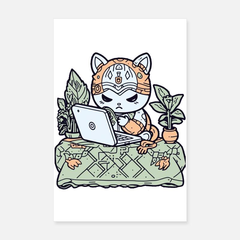 Chat Tech en armure de jardin - Poster 20 x 30 cm - blanc