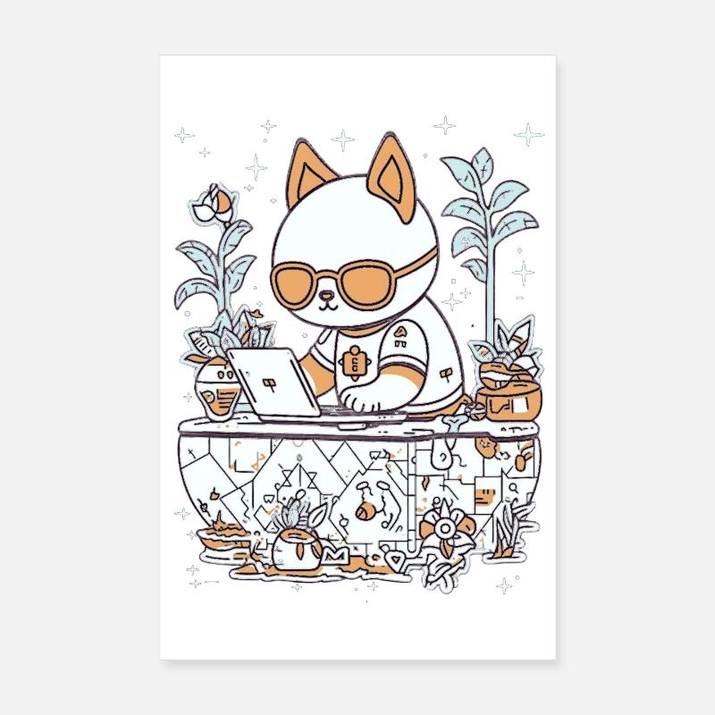 Chat Kawaii à un bureau confortable - Poster 20 x 30 cm - blanc