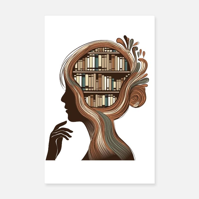 Tête de livres Illustration Pensée Connaissance Poster 20 x 30 cm