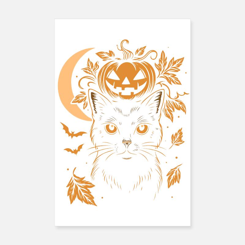 Halloween Cat with Pumpkin and Moon Poster 8" x 12" (20x30 cm)