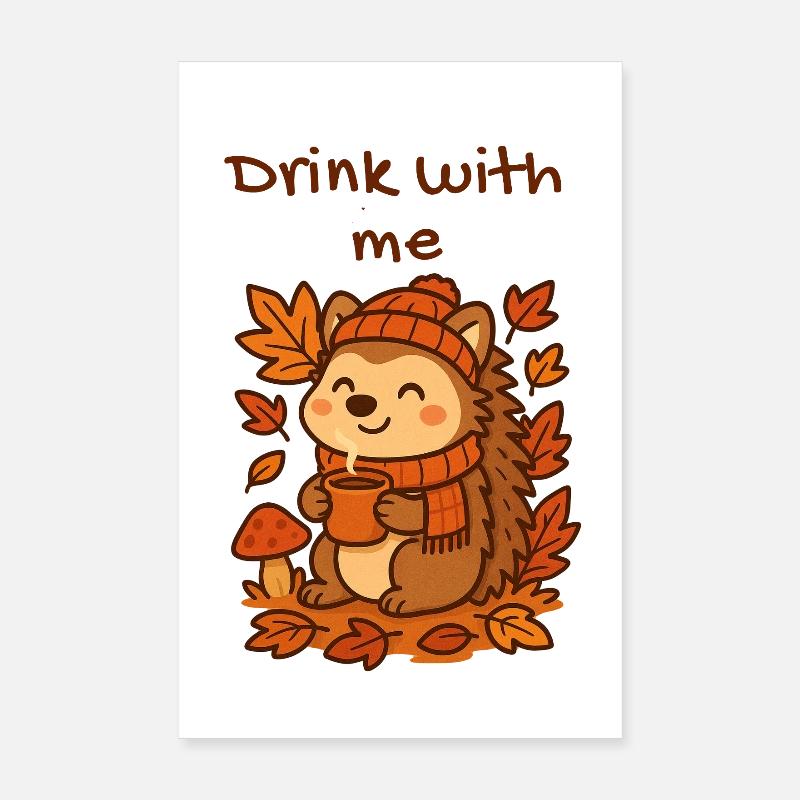 Hérisson d’automne cacao boire feuilles chaudes Design Poster 20 x 30 cm