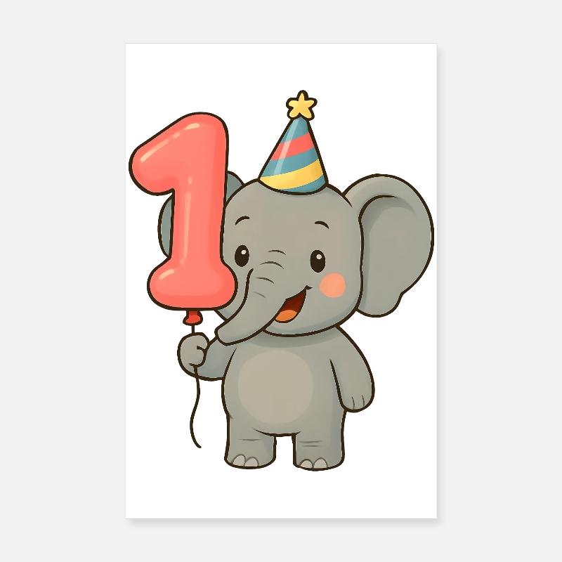 Elefant mit Luftballon zum ersten Geburtstag Poster 20x30 cm