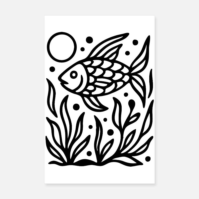 Minimal Line Art Poisson Océan Nature Design Poster 20 x 30 cm