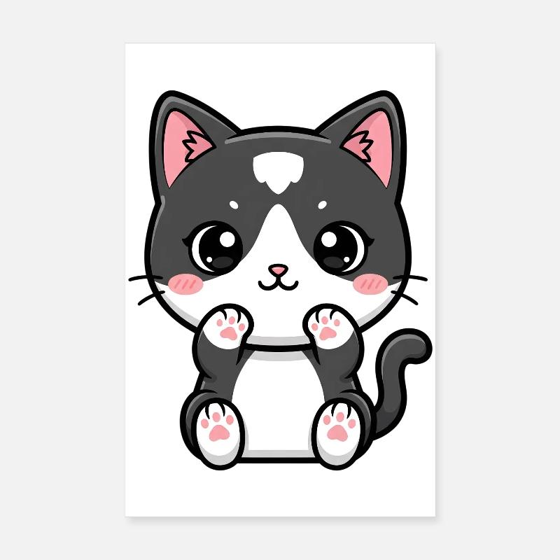 Kawaii-Katze mit errötenden Pfoten - Poster 20x30 cm - Weiß