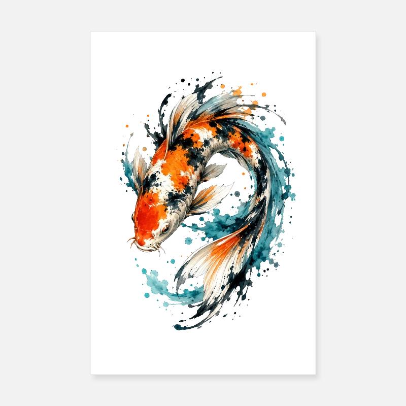 Éclaboussure de carpes koi aquarelle - Poster 20 x 30 cm - blanc