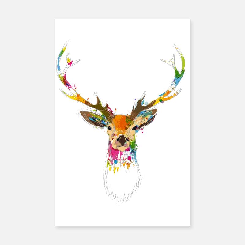 Bunter Hirschkopf – Aquarell & Graffiti Design - Poster 20x30 cm - Weiß