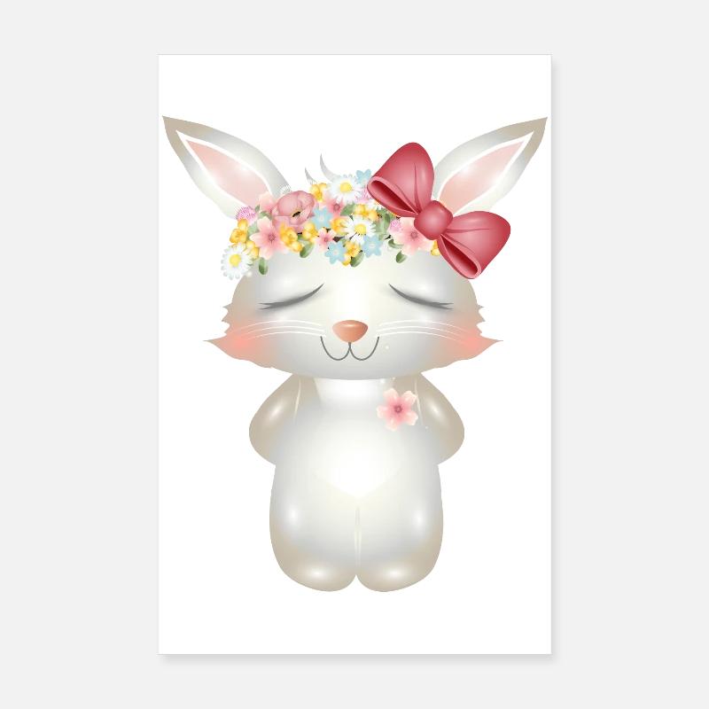 Lapin blanc mignon avec des fleurs et un arc Poster 20 x 30 cm