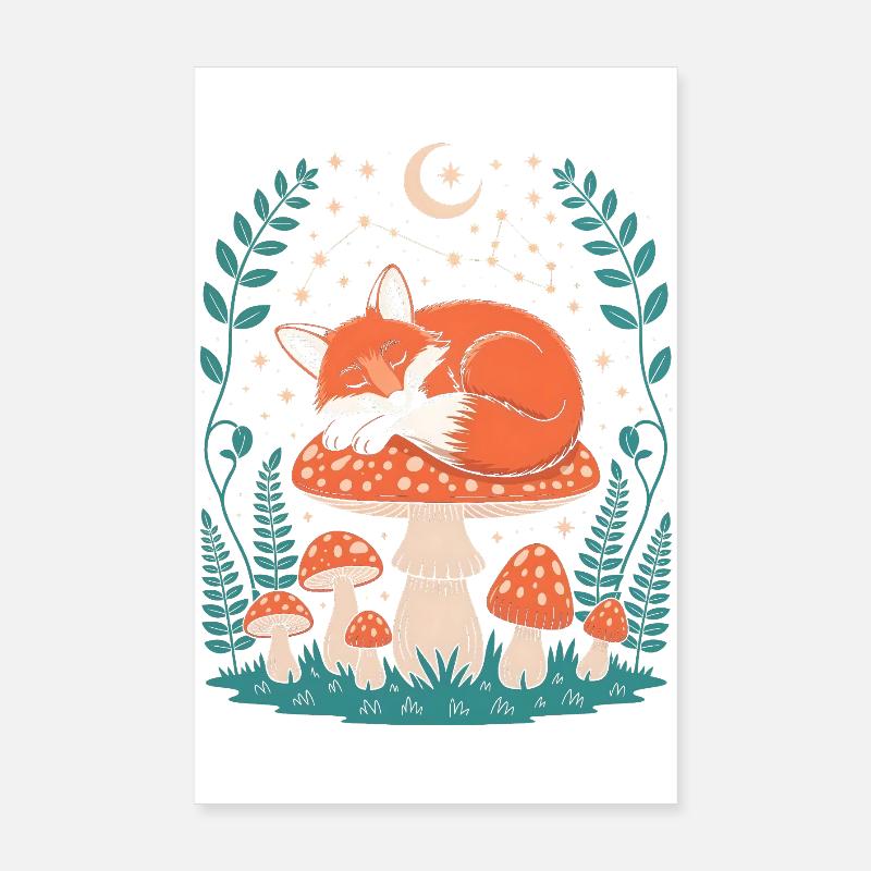 Whimsical Fox Sleeping on Mushroom Poster 8" x 12" (20x30 cm)