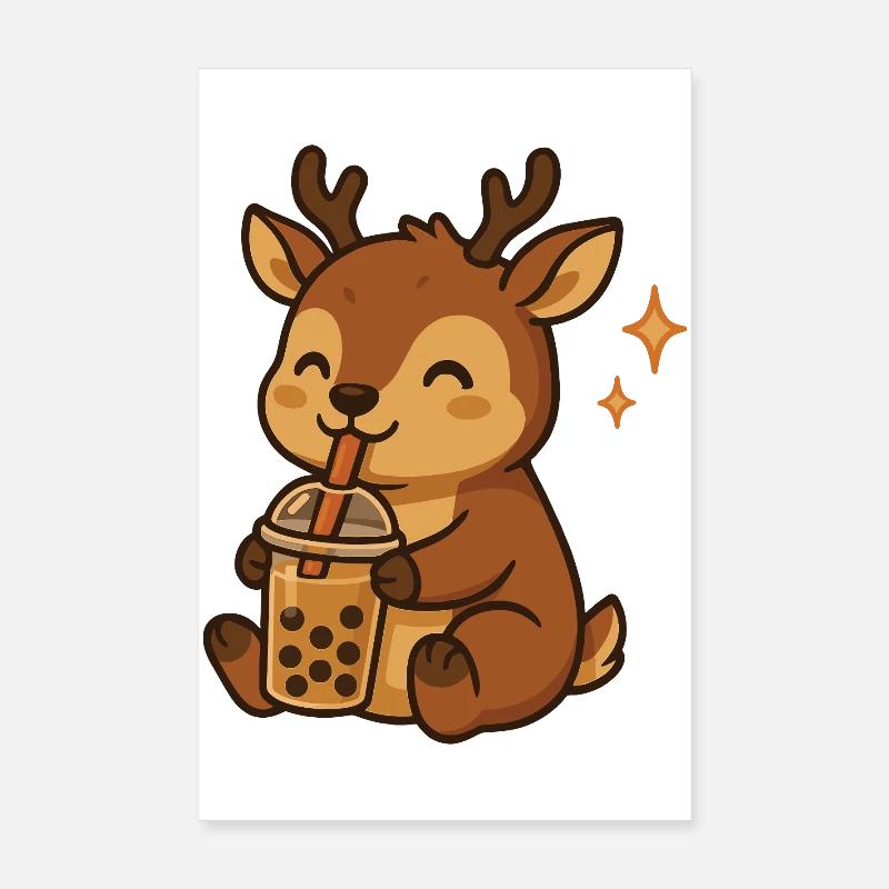 Hirsch mit Bubble Tea kawaii Hirsch Poster 20x30 cm