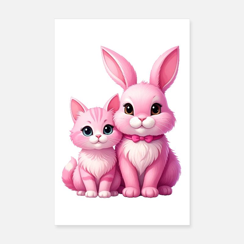 Le lapin rose et le chat comme peluches Poster 20 x 30 cm