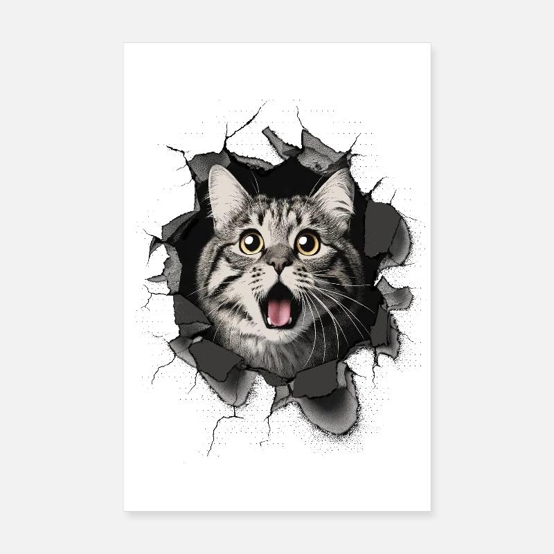 Cat Scared Wall Breakthrough Cracks Poster 8" x 12" (20x30 cm)