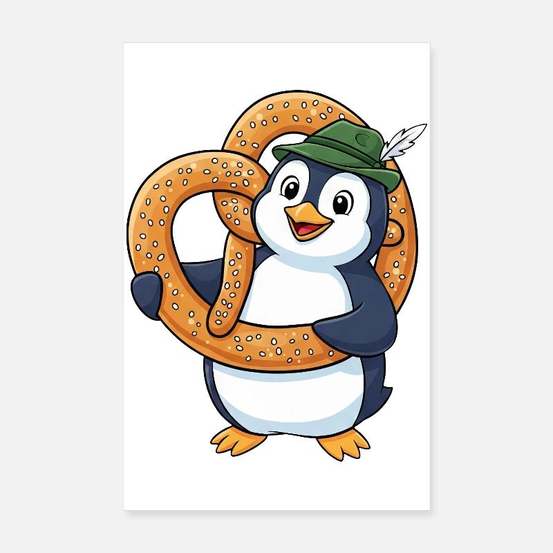 Dessin animé Bavaria du Pingouin mignon avec un bretzel Poster 20 x 30 cm