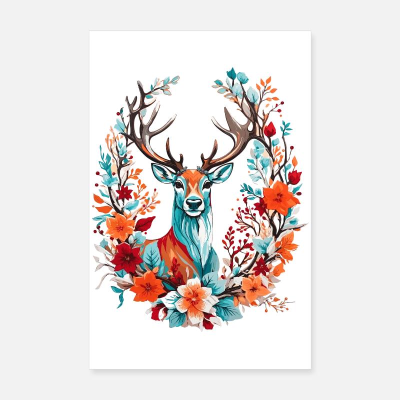 Hirsch mit Blumen - Poster 20x30 cm - Weiß