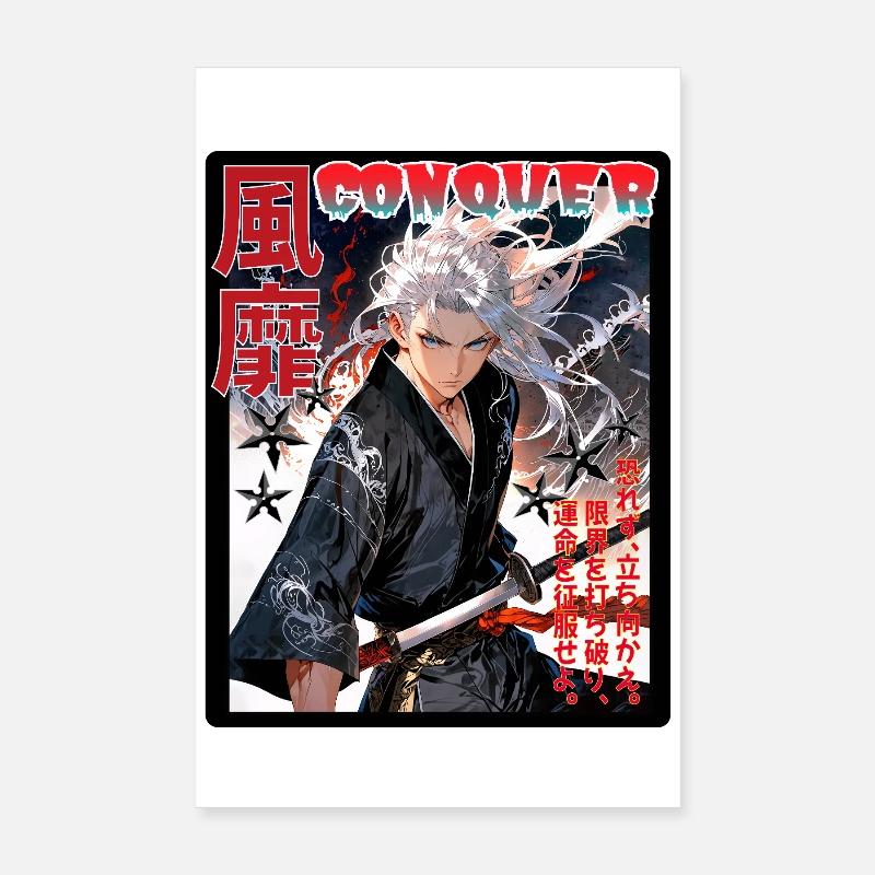 Kämpferischer Samurai mit Windmuster - Poster 20x30 cm - Weiß