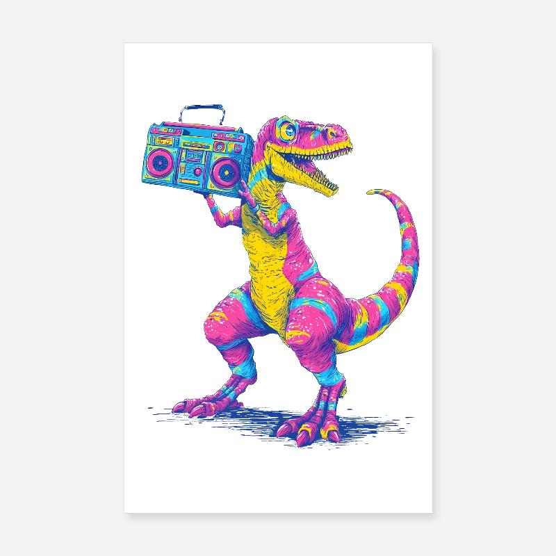 T-Rex mit Ghettoblaster im 90er Neon Stil - Poster 20x30 cm - Weiß